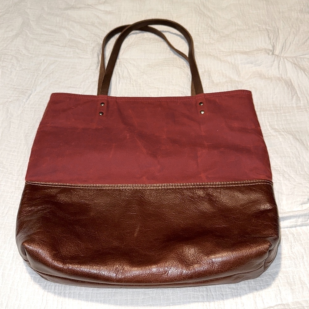 Red Staggerwing Urban Tote, Chocolate Brown Waxed Canvas & Distressed Leather